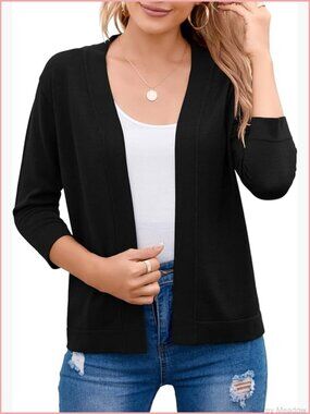 3/4 Sleeve Open Front Cropped Cardigan Sweater Elegant Shrug